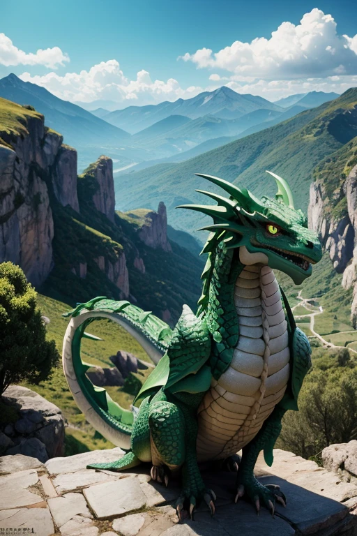 Dragon criatura medieval, color verde y cafe, entorno de rocas, Landscape Mountains.
