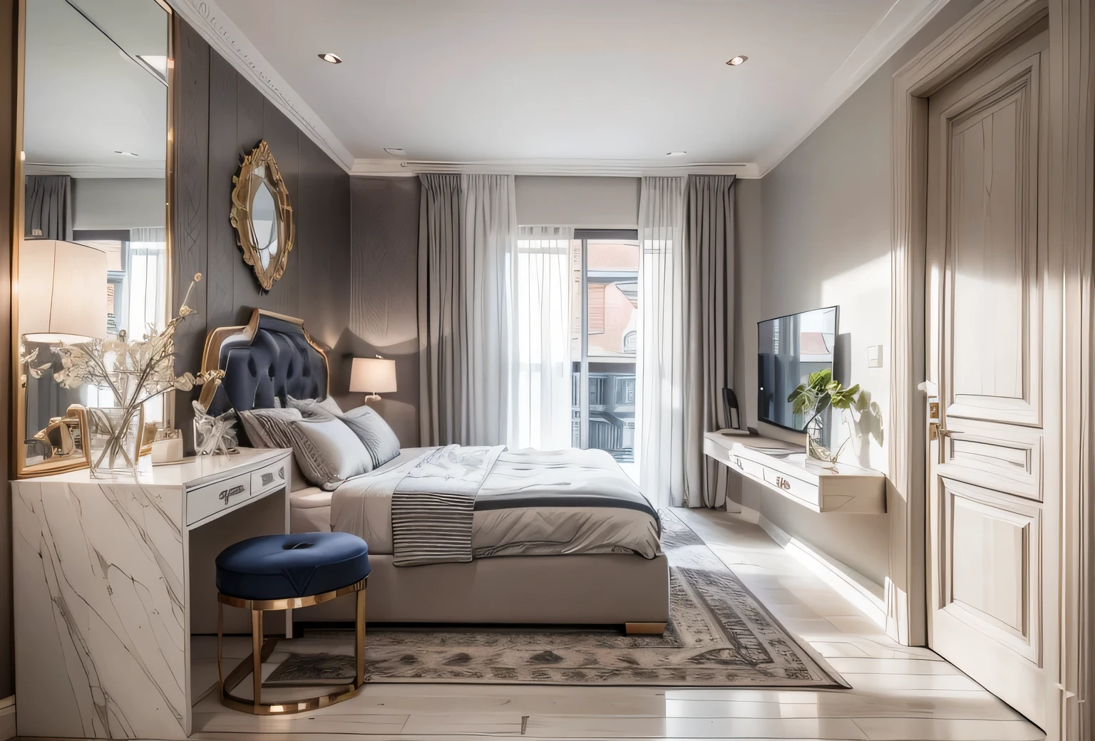 Walls and Ceiling: Paint the walls and ceiling in a grayish-gray tone to create a sophisticated backdrop for the space.
Bed and Decor: Choose a bed frame with wood grain or a grayish-gray finish, pair it with white-colored sheets, pillows, and duvet covers to evoke a sense of refinement and elegance.
Wardrobe and Workspace: Incorporate a wardrobe featuring wood grain or a grayish-gray finish along with a desk for added functionality and aesthetic appeal in the bedroom.
Kitchen Area:
Kitchen Cabinets and Materials: Opt for kitchen cabinets in white or grayish-gray with a wooden surface to establish uniqueness and harmony in the space.
Dining Table and Chairs: Select a dining table with a white or grayish-gray surface and complement it with dark-toned dining chairs to create a contrasting focal point.
Distinctive Color Palette:
Introduce splashes of contrasting colors like deep red, navy blue, or other vibrant hues for accessories such as cushions, rugs, or decorative items to create highlights and an element of surprise.
Details and Accessories:
Lighting: Choose decorative lights or table lamps in white or grayish-gray tones to enhance illumination and create focal points.
Interior Accessories: Incorporate standout accessories such as wall art, throw pillows, and vividly colored decorative items in shades like deep red, navy blue, or black to generate highlights and contrasts within the space.
Combining the primary colors of grayish-gray, wood grain, and white along with standout accessories will produce an opulent and distinctive Classical Contemporary interior design for your room.