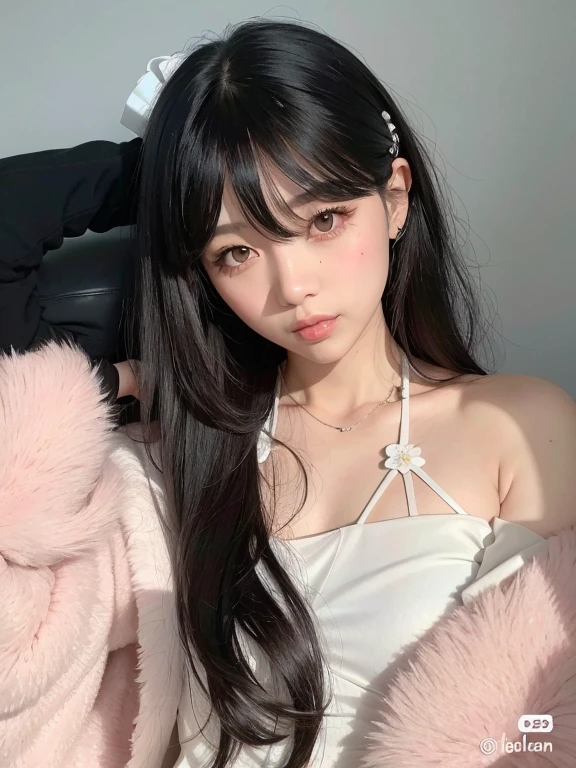 un primer plano de una mujer con cabello largo y vestido con un abrigo rosa, ulzzang, ella tiene el pelo negro con flequillo, pelo largo con flequillo completo, pelo largo con flequillo, pelo largo y oscuro con flequillo, flequillo largo y recto, pelo largo y negro con flequillo, sakimichan, pelo largo y blanco y flequillo, tendencia en cgstation, shikami