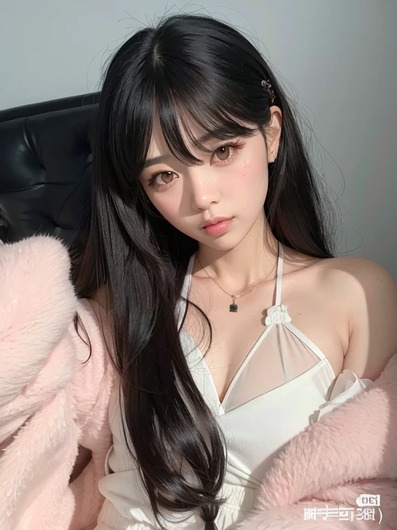 un primer plano de una mujer con cabello largo y vestido con un abrigo rosa, ulzzang, ella tiene el pelo negro con flequillo, pelo largo con flequillo completo, pelo largo con flequillo, pelo largo y oscuro con flequillo, flequillo largo y recto, pelo largo y negro con flequillo, sakimichan, pelo largo y blanco y flequillo, tendencia en cgstation, shikami