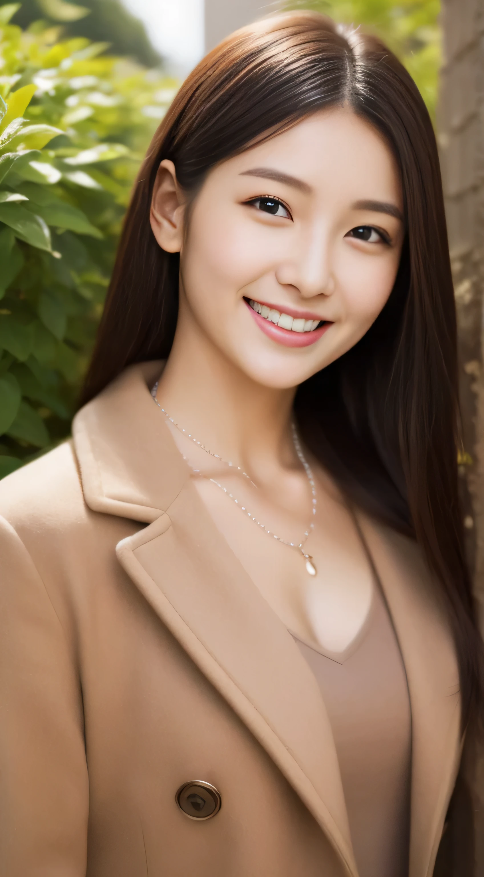 The face of the hostess、coat、Winter Outfit、High quality、Super realistic、healthy、smiling expression、Slender perfect figure、Japan Beauty、 necklace、perfect eyes beautiful skin、upper part of the body、garden