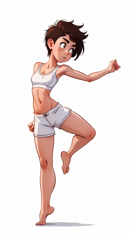 (rizdraws,p3r3zstyle,(white background),(pencil outline sketch),(low detail),(full body view),((small flat bust)),(average body),(female form),(white sports bra, white shorts),(no shoes, barefoot): 1.1), (leaning (side profile: 1.2) reaching down: 1.2) looking at ground))