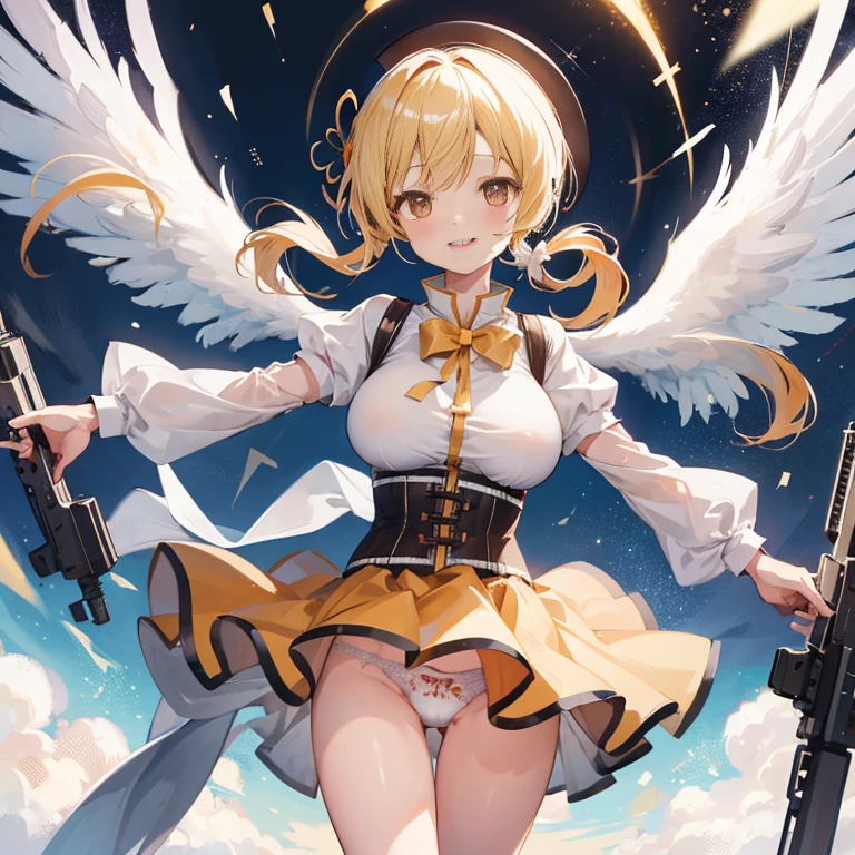 1 girl, cowboy shot, solo, perfect anatomy, standing, spread arms, mami tomoe, masterpiece, best quality, highres, big breast, smile, wince, happy, (white laced panties:1.2), sacred, glitter, sparkle, god ray, tyndall effect, scenery, pov, holding gun