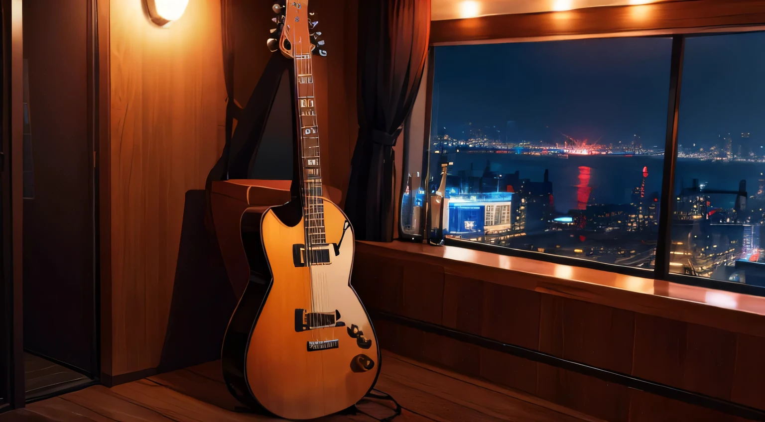 guitar, night, jazz bar, unmanned, high res, ultrasharp, 8k, masterpiece