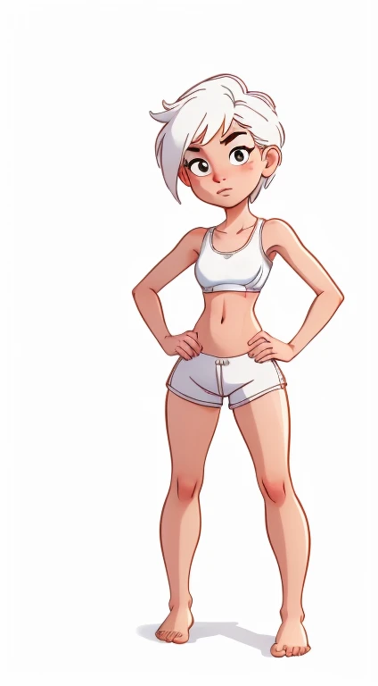 (rizdraws,p3r3zstyle,(white background),(pencil outline sketch),(low detail),(full body view),((small flat bust)),(average body),(female form),(white sports bra, white shorts),(no shoes, barefoot): 1.1), (standing front on) (arms in front) (flirty seductive)