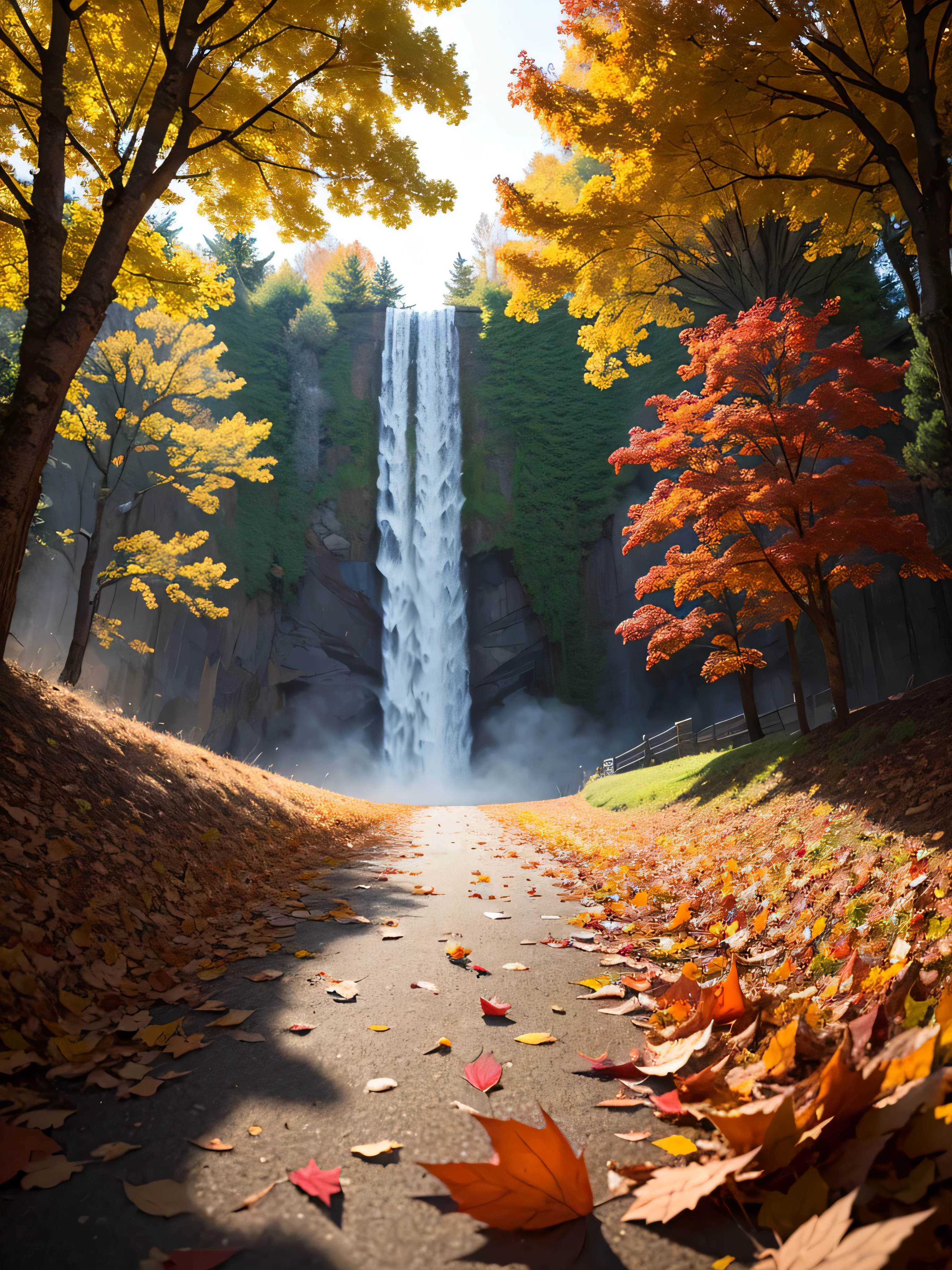 ((best quality: 1.5)) ((masterpiece: 0.8)), intricate details, sharp focus, professional, photorealistic, hyper-realistic, 8K, super detailed, looking up, gigantic trees, falling leaves, (drifting leaf), red gold autumn leaves