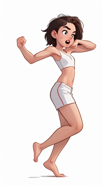 (rizdraws,p3r3zstyle,(white background),(pencil outline sketch),(low detail),(full body view),((small flat bust)),(average body),(female form),(white sports bra, white shorts),(no shoes, barefoot): 1.1), (punching fist to side (side profile: 1.2))