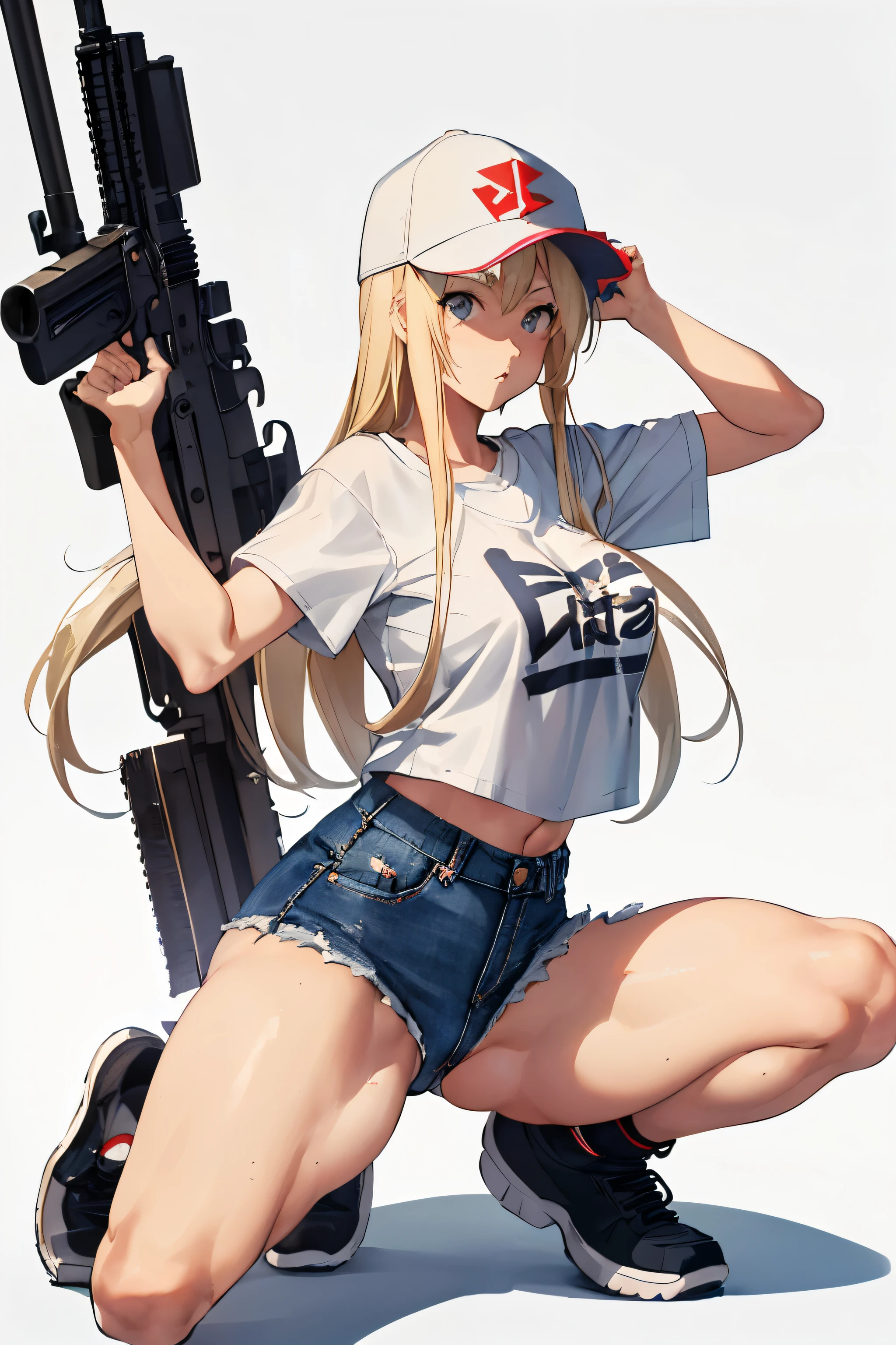 Close-up of a woman wearing a white T-shirt and micro denim hot pants and holding a gun, blonde long hair, baseball cap, small details. female action anime girl, Anime full body illustration, urban combat zone, gun action, big ass, pantierin, ((Panties that dig into the crotch)), get down on one knee,