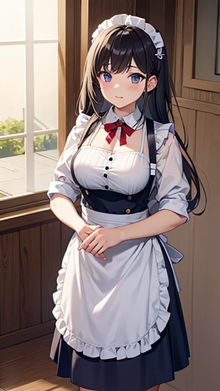 nozomitoujou, Nozomi-san always, Green Eyes, Long black hair, Curly Hair, Large Breasts, masterpiece, Highest quality, High resolution, Beautiful attention to detail, Highly detailed face, Good lighting, Detailed CG, garden, Glossy Lips, Maid, Short puff sleeves, small Maid apron, Thigh-high socks