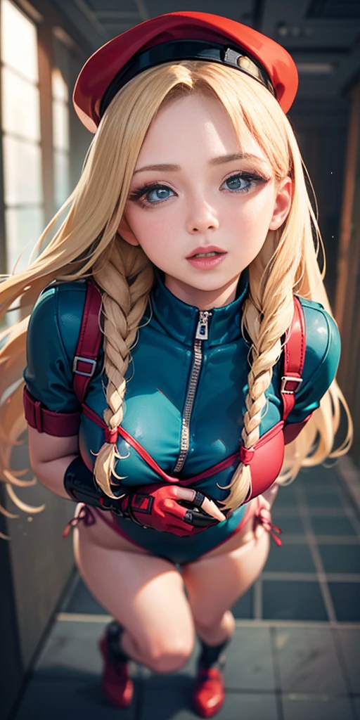 Cammy, BLUE EYES, BLONDE HAIR, VERY LONG HAIR, (TWIN BRAIDS), rED HEADWEAR, (GREEN LEOTARD:1.2), FINGERLESS GLOVES, HARNESS, THIGHS, RED SOCKS, BLACK FOOTWEAR, medium breast, (full-body:1.2), (realistic:1.2), (realism:1.2), (masterpiece:1.2), (best quality), (ultra detailed), (intricate), (85mm), light particles, lighting, (highly detailed:1.2), (detailed face:1.5), (gradients), sfw, colorful, (detailed eyes:1.5), (detailed background), (rule of third_composition:1.3), wide shot, daylight, solo.