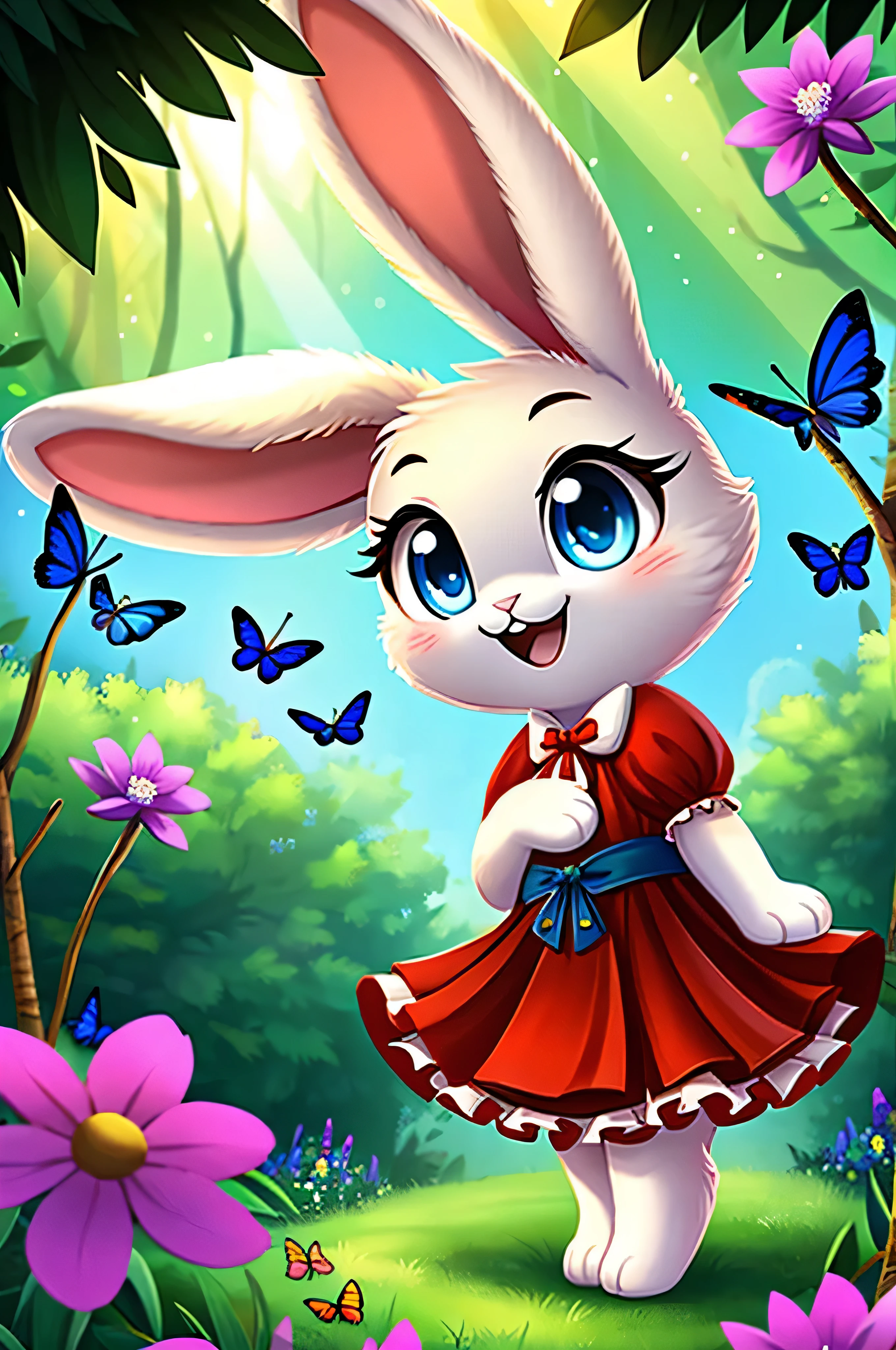 zoomed out image, cute style art, fantasy style art, cute, adorable, short character, small, tiny little fluffy female white bunny with blue eyes, 4 ears, 2 extra ears, big floppy ears, long ears, ears perked up, raised ears, long eyelashes, poofy rabbit tail, wearing a red frilly ribbon dress, smiling, standing in a colorful fantasy forest, soft tones, big expressive smile, open mouth, wide eyes, excited eyes, excited face, stunning visuals, sunlight coming through the trees, flowers scattered in the bushes, butterflies in the air, digital illustration