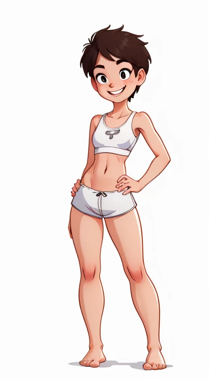 (rizdraws,p3r3zstyle,(white background),(pencil outline sketch),(low detail),(full body view),((small flat bust)),(average body),(female form),(white sports bra, white shorts),(no shoes, barefoot): 1.1), (standing front on) (seductive smile) (come hither look)