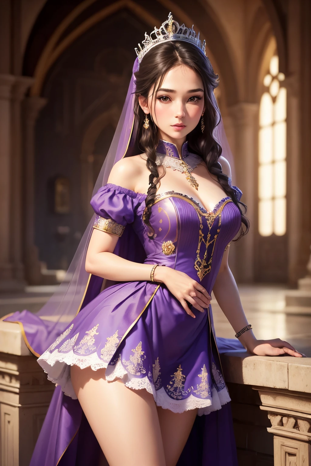(best quality,ultra-detailed,realistic:1.37),woman,princess,disney style,gala dress with heart details,lace and ruffles,ponposo,enchanting castle