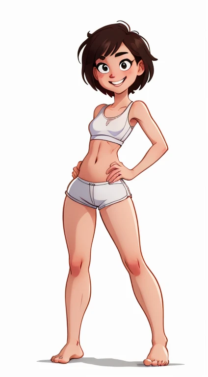 (rizdraws,p3r3zstyle,(white background),(pencil outline sketch),(low detail),(full body view),((small flat bust)),(average body),(female form),(white sports bra, white shorts),(no shoes, barefoot): 1.1), (standing front on) (seductive smile) (come hither look) (sultry expression: 1.1)