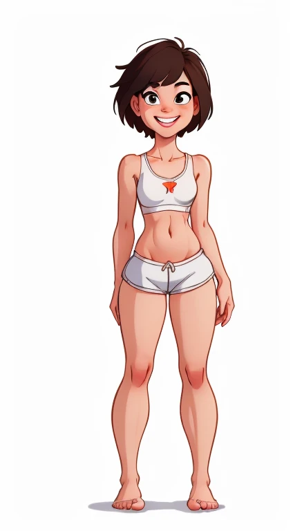 (rizdraws,p3r3zstyle,(white background),(pencil outline sketch),(low detail),(full body view),((small flat bust)),(average body),(female form),(white sports bra, white shorts),(no shoes, barefoot): 1.1), (standing front on) (seductive smile) (come hither look) (sultry expression: 1.1)