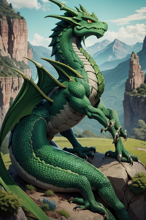 Dragon criatura medieval, color verde, entorno de rocas, Landscape Mountains.
