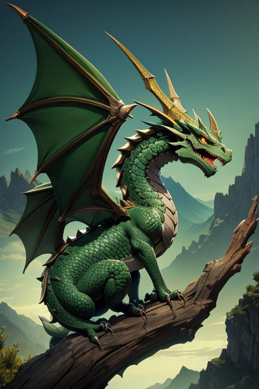Dragon criatura medieval, color verde, entorno de rocas, Landscape Mountains.