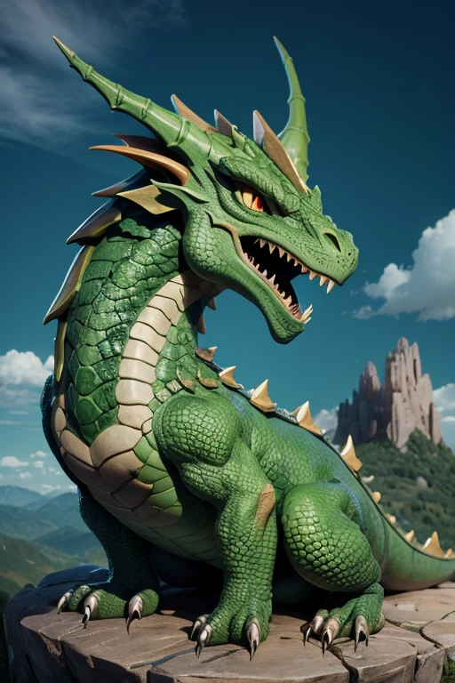 Dragon criatura medieval, color verde, entorno de rocas, Landscape Mountains.