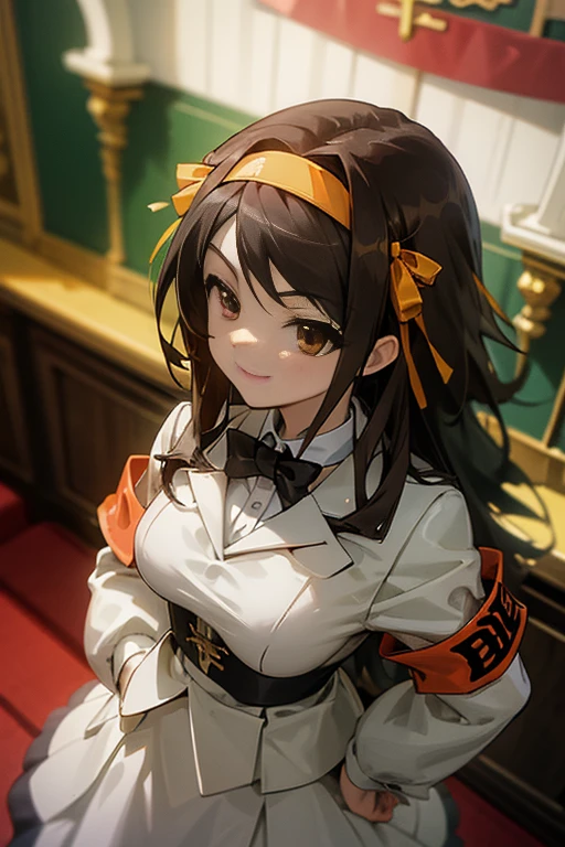 (masterpiece),(highest quality), Haruhi Suzumiya, hair ribbon, hair band, long hair, armband, bridal costume,Wedding dress,bouquet, church,chapel,smile,Standing proud with his hands on his hips, looking at the audience., (From above:1.3)