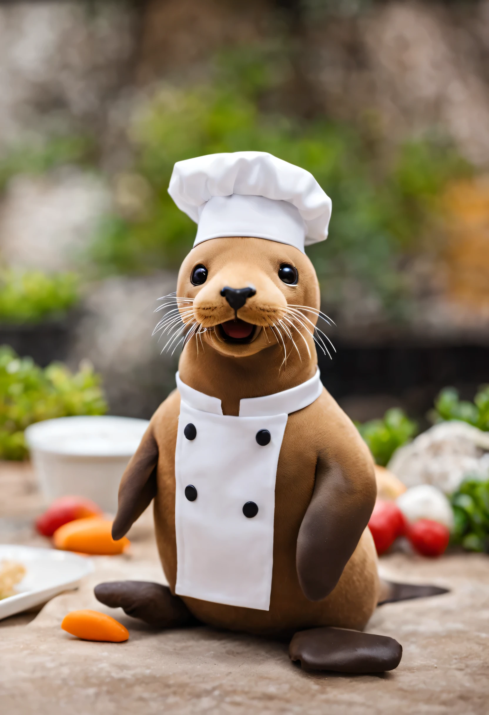 Sea lion wearing chef uniform'hat,toy advertising photos,Photos taken with Nikon d750,Lovely,mascot