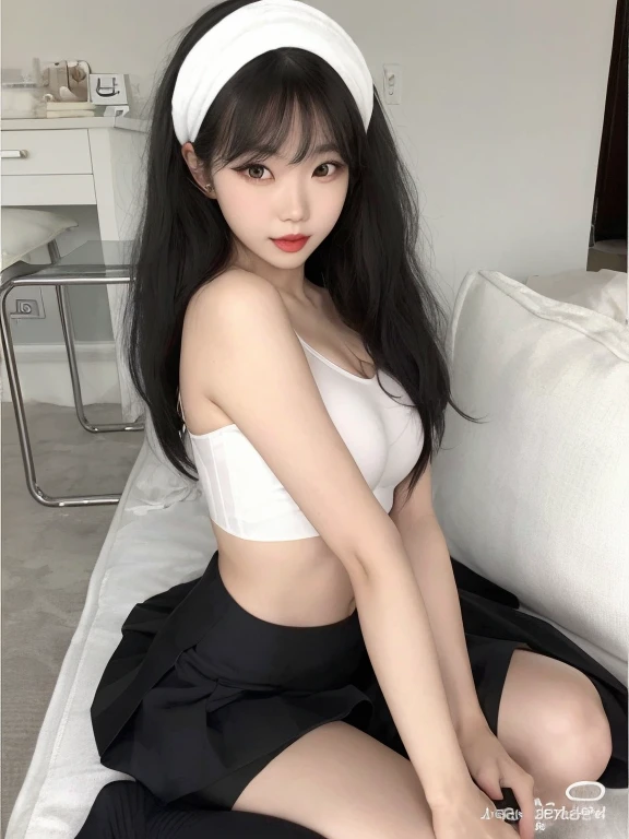 Asian woman wearing a white bra and black skirt, pale milky white porcelain skin, foto de chica delgada, traje ajustado blanco liso, flequillo blancopelo negro, foto de chica delgada model, buena chica joven, ulzzang, ropa abierta en el pecho, pale, snow-white skin, 2 4 year old female model, hermosa joven coreana, muchacha coreana