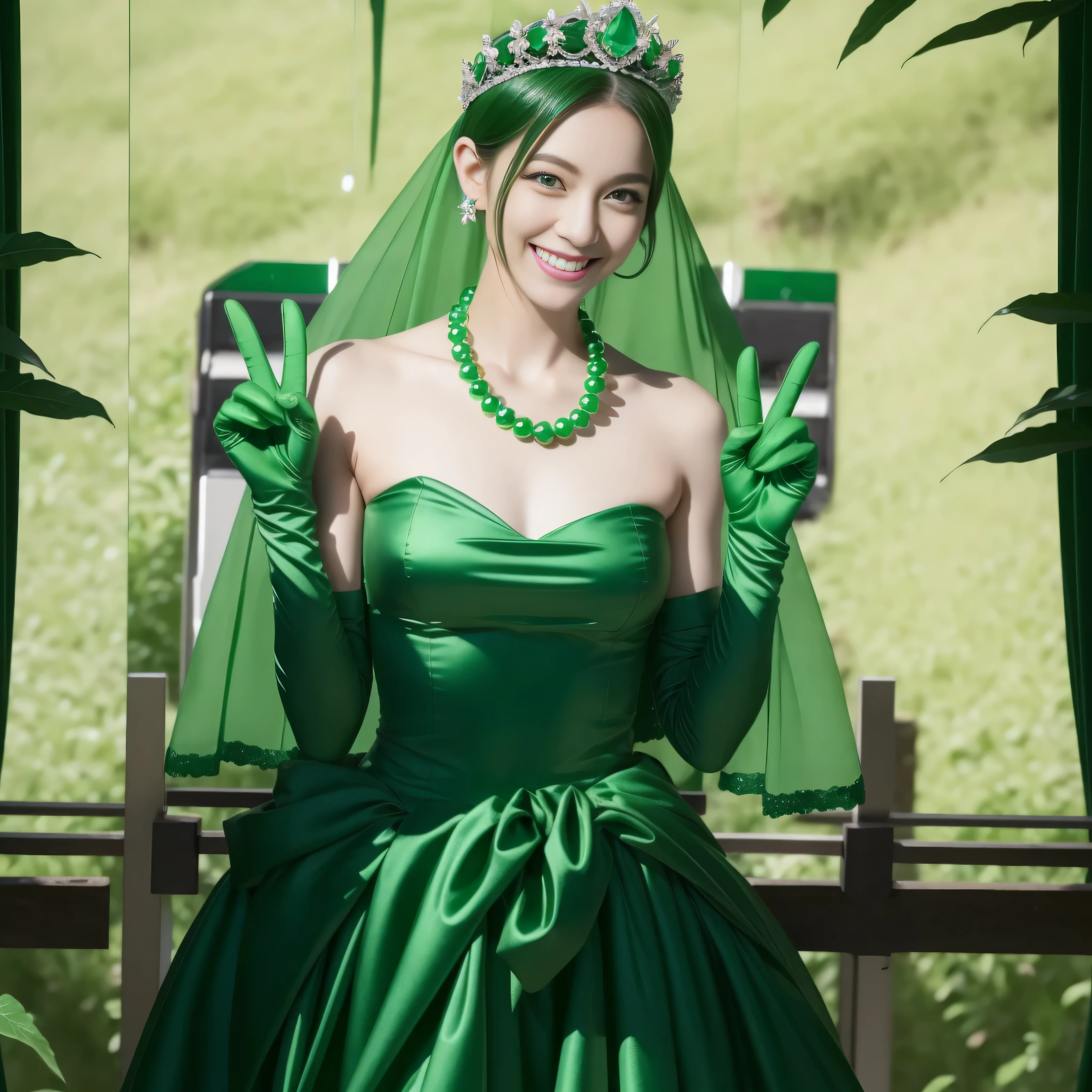 emerald tiara, Green Pearl Necklace, Boyish very short green hair, lipstick, Japan woman smiling, Very short hair, Big beautiful, green eyes, Long green gloves made of satin material, green eyes, v sign, Emerald Earrings, green vale