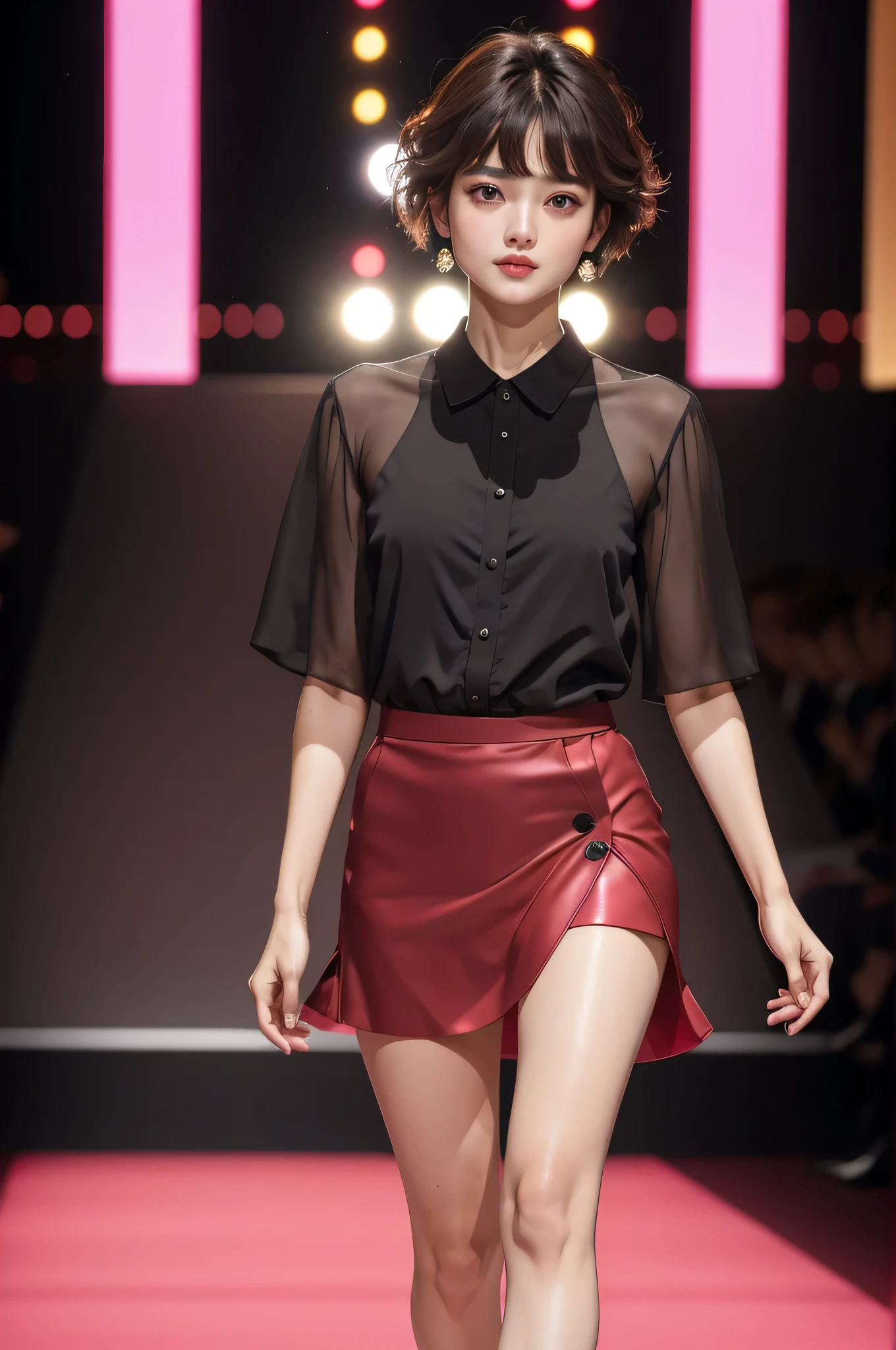 fashion model walking on the runway、(dark brown eyes:1.2),new year、celebration、(Agnes Cecil:1.3)、（pink and black and red）、Analog 150mm Renault Tiful Natural Soft Rim Light、short hair、Slutty

