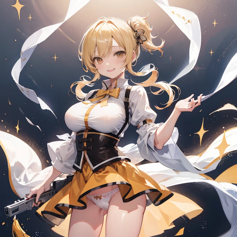 1 girl, cowboy shot, solo, perfect anatomy, standing, mami tomoe, masterpiece, best quality, highres, big breast, smile, close one eye, wince, happy, (white laced panties:1.2), sacred, glitter, sparkle, god ray, tyndall effect, scenery, holding gun