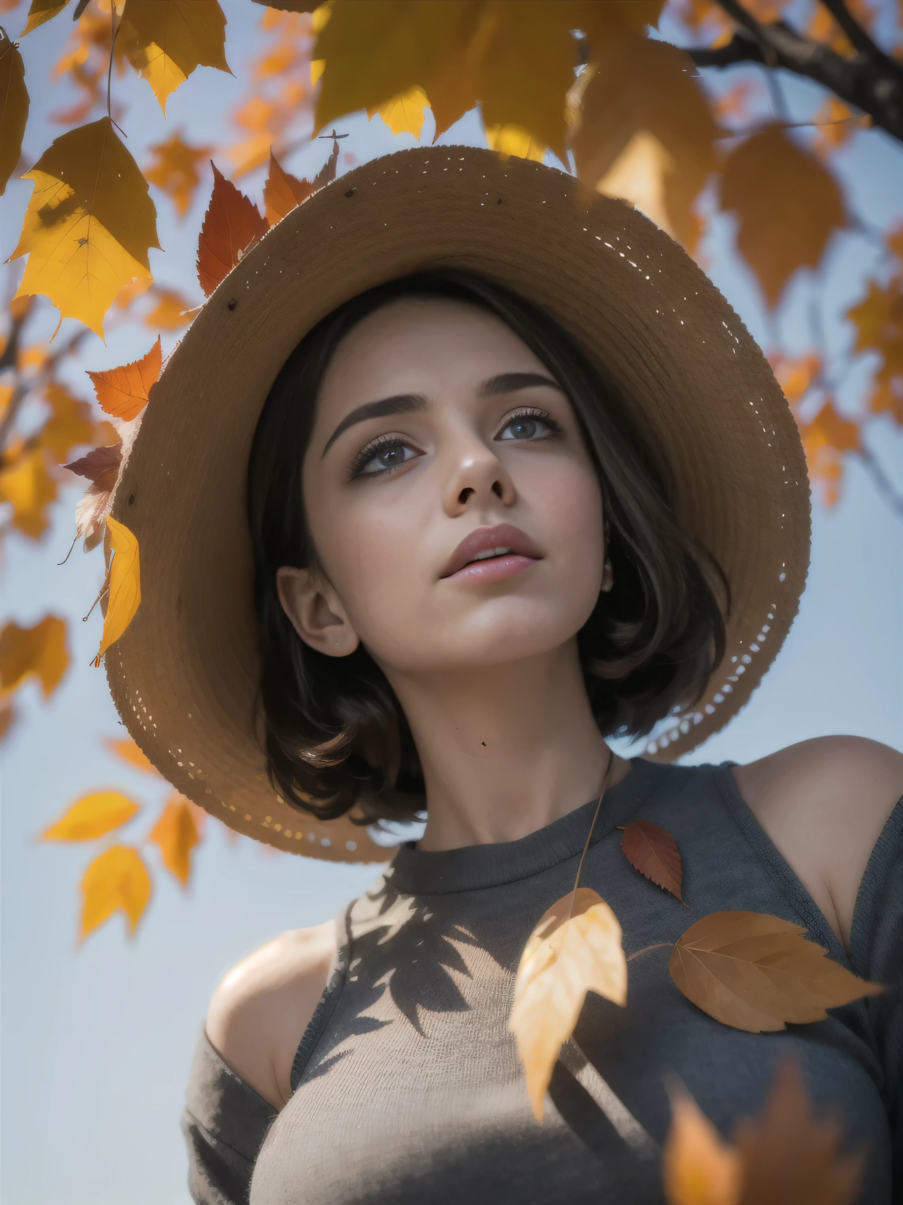 ((best quality: 1.5)) ((masterpiece: 0.8)), intricate details, sharp focus, professional, photorealistic, hyper-realistic, 8K, super detailed, looking up, gigantic trees, falling leaves, (drifting leaf), red gold autumn leaves