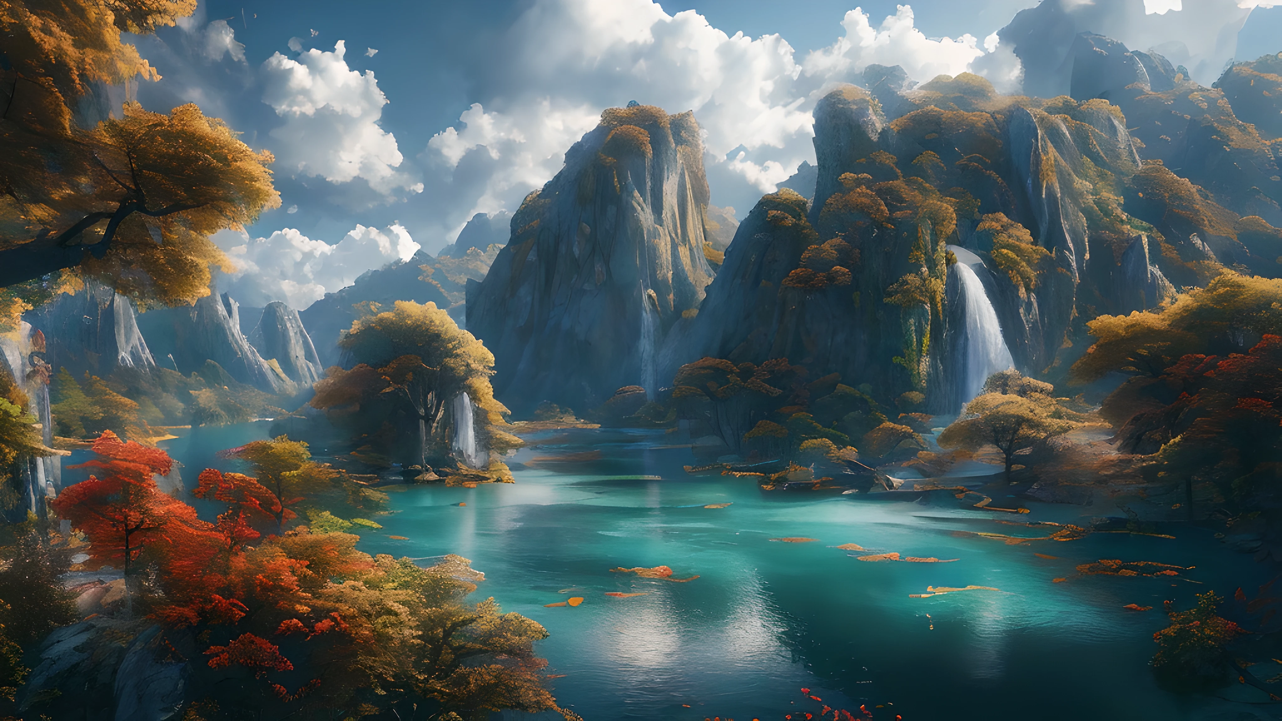 masterpiece, best quality, high quality, Very detailed CG unity 8k wallpaper, landscape, outdoor, sky空, cloud, sky, no humans, Mountain, landscape, water, Tree, blue sky空, waterfall, cliff, nature, lake, river, cloudy sky空,Award-winning photography, Bokeh, depth of field, high dynamic range, bloom, Color difference ,lifelike,Very detailed, Popular topics on ArtStation, Trending on CGSociety, complex, high detail, dramatic, midway art