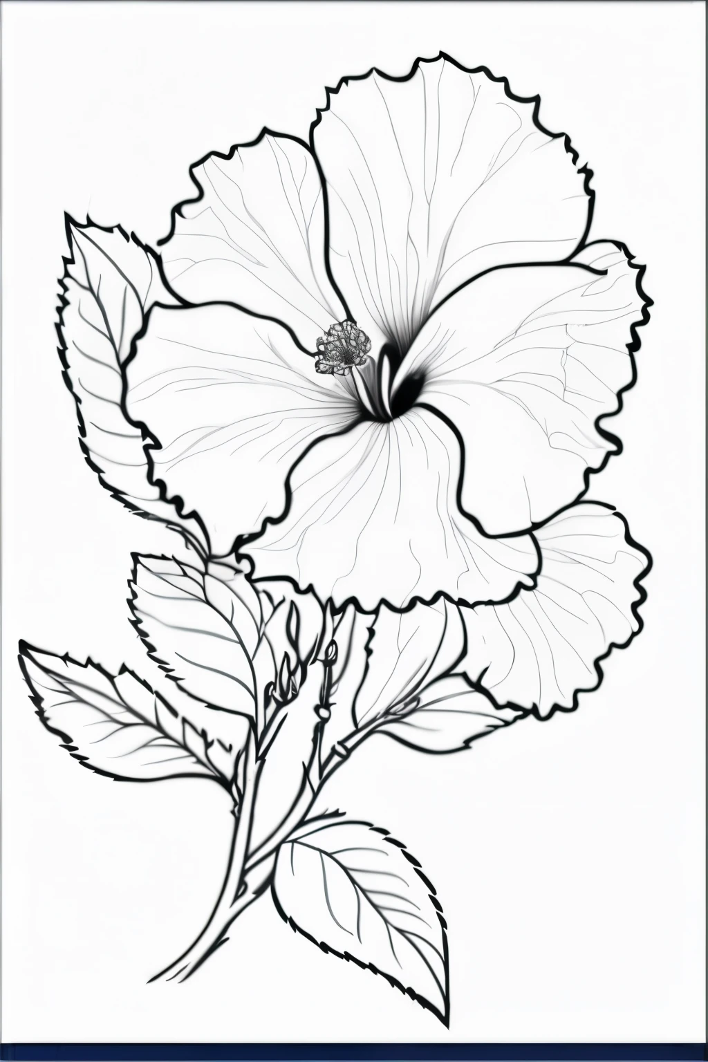 a drawing of a flower with leaves on a white background, depicting a flower, line - art, coloring pages, line art, drawn with photoshop, greatly detailed, (extremely detailed, colouring - in sheet, hibiscus, colouring pages, coloring book outline, artistic sketch, high quality sketch, traditional drawing style, coloring book page, with lots of details