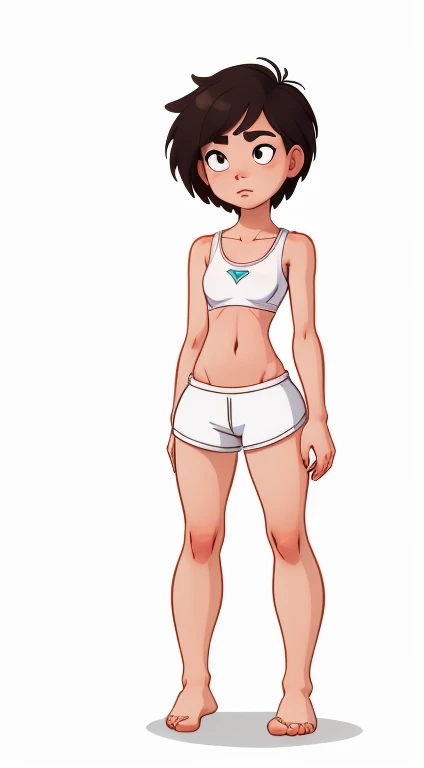 (rizdraws,p3r3zstyle,(white background),(pencil outline sketch),(low detail),(full body view),((small flat bust)),(average body),(female form),(white sports bra, white shorts),(no shoes, barefoot): 1.1), (standing front on) (shock: 1.2)
