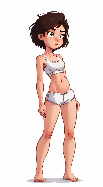 (rizdraws,p3r3zstyle,(white background),(pencil outline sketch),(low detail),(full body view),((small flat bust)),(average body),(female form),(white sports bra, white shorts),(no shoes, barefoot): 1.1), (standing front on) (shock: 1.2)