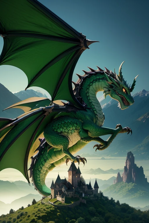 Dragon criatura medieval, color verde, entorno de rocas, Landscape Mountains.