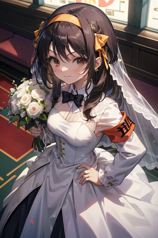 (masterpiece),(highest quality), Haruhi Suzumiya, hair ribbon, hair band, long hair, armband, bridal costume,Wedding dress,bouquet, church,chapel,smile,Standing proud with his hands on his hips, looking at the audience., (From above:1.3)
