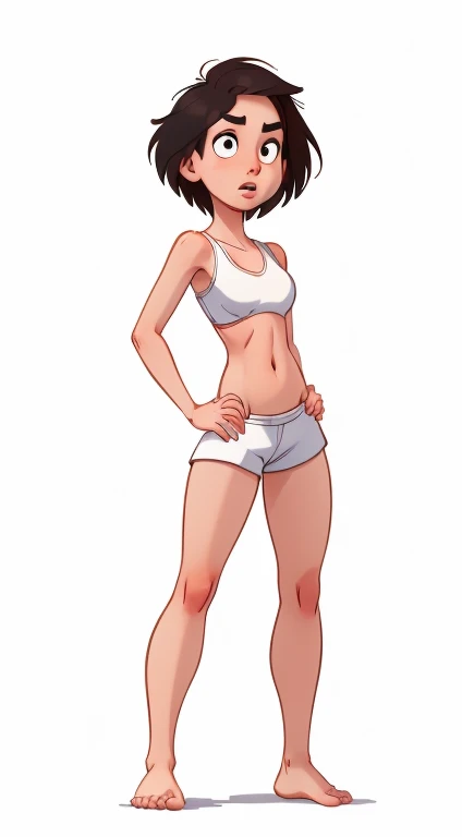 (rizdraws,p3r3zstyle,(white background),(pencil outline sketch),(low detail),(full body view),((small flat bust)),(average body),(female form),(white sports bra, white shorts),(no shoes, barefoot): 1.1), (standing front on) (scared expression: 1.2)