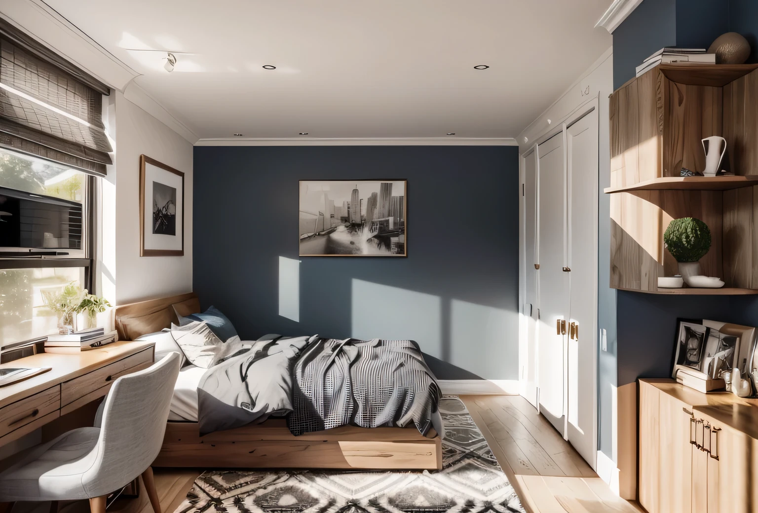 Walls and Ceiling: Paint the walls and ceiling in a grayish-gray tone to create a sophisticated backdrop for the space.
Bed and Decor: Choose a bed frame with wood grain or a grayish-gray finish, pair it with white-colored sheets, pillows, and duvet covers to evoke a sense of refinement and elegance.
Wardrobe and Workspace: Incorporate a wardrobe featuring wood grain or a grayish-gray finish along with a desk for added functionality and aesthetic appeal in the bedroom.
Kitchen Area:
Kitchen Cabinets and Materials: Opt for kitchen cabinets in white or grayish-gray with a wooden surface to establish uniqueness and harmony in the space.
Dining Table and Chairs: Select a dining table with a white or grayish-gray surface and complement it with dark-toned dining chairs to create a contrasting focal point.
Distinctive Color Palette:
Introduce splashes of contrasting colors like deep red, navy blue, or other vibrant hues for accessories such as cushions, rugs, or decorative items to create highlights and an element of surprise.
Details and Accessories:
Lighting: Choose decorative lights or table lamps in white or grayish-gray tones to enhance illumination and create focal points.
Interior Accessories: Incorporate standout accessories such as wall art, throw pillows, and vividly colored decorative items in shades like deep red, navy blue, or black to generate highlights and contrasts within the space.
Combining the primary colors of grayish-gray, wood grain, and white along with standout accessories will produce an opulent and distinctive Classical Contemporary interior design for your room.