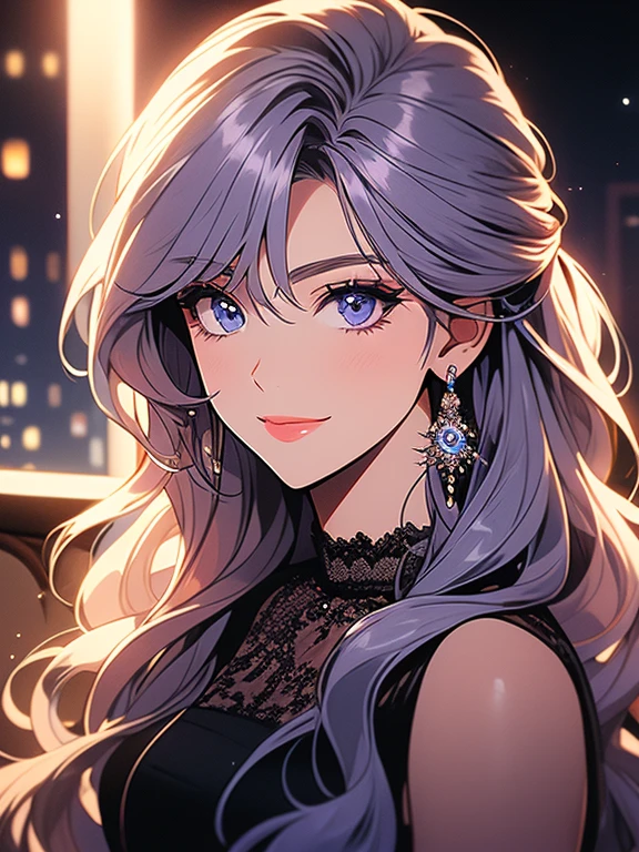 A portrait of a mature woman with very long purple wavy hair and drill curls, side-swept bangs, blue eyes, ligh tanned skin, confident smile, wearing a black party dress, inside of a nightclub in the city, nighttime