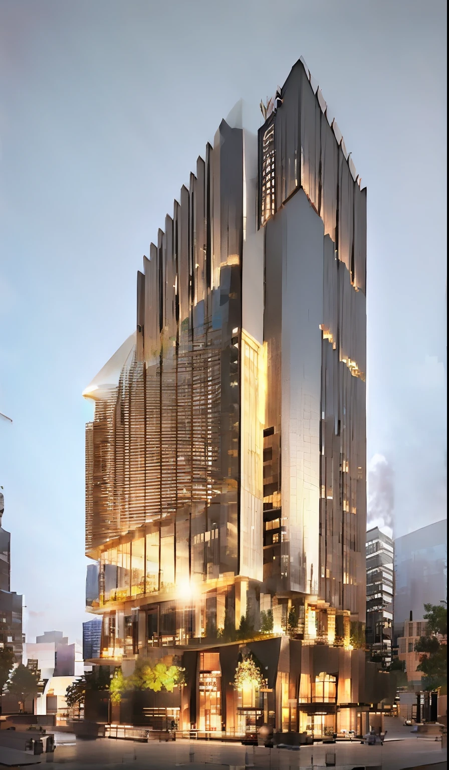 a drawing of a tall building with a lot of windows, perspective view, mid-view, 3/4 view, 3 / 4 view, architectural rendering, 3/4 view from below, rendering of checkmate, mantra rendering, elevation view, full building, architectural illustration, low angle dimetric rendering, multistory building, architectural sketch, front perspective