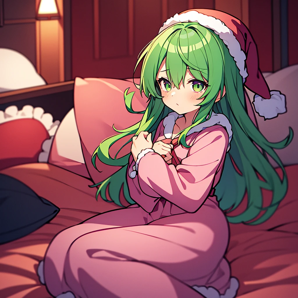 masterpiece, best quality, 1girl, little girl, child, 10 years old, kazami yuuka (pc-98), solo, green hair, long hair, pink nightcap, pink santa hat, green eyes, kazami yuuka, long sleeves, red ribbon, pink negligee, sleepy eyes, one piece clothing, touhou, pajamas, pink nightgown, fluffy hair, solo, hair over one eye, wavy hair, hugging pillow