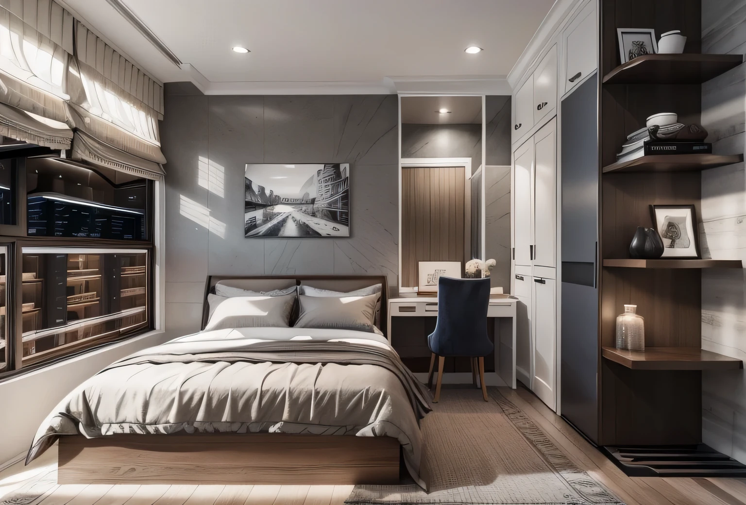 Walls and Ceiling: Paint the walls and ceiling in a grayish-gray tone to create a sophisticated backdrop for the space.
Bed and Decor: Choose a bed frame with wood grain or a grayish-gray finish, pair it with white-colored sheets, pillows, and duvet covers to evoke a sense of refinement and elegance.
Wardrobe and Workspace: Incorporate a wardrobe featuring wood grain or a grayish-gray finish along with a desk for added functionality and aesthetic appeal in the bedroom.
Kitchen Area:
Kitchen Cabinets and Materials: Opt for kitchen cabinets in white or grayish-gray with a wooden surface to establish uniqueness and harmony in the space.
Dining Table and Chairs: Select a dining table with a white or grayish-gray surface and complement it with dark-toned dining chairs to create a contrasting focal point.
Distinctive Color Palette:
Introduce splashes of contrasting colors like deep red, navy blue, or other vibrant hues for accessories such as cushions, rugs, or decorative items to create highlights and an element of surprise.
Details and Accessories:
Lighting: Choose decorative lights or table lamps in white or grayish-gray tones to enhance illumination and create focal points.
Interior Accessories: Incorporate standout accessories such as wall art, throw pillows, and vividly colored decorative items in shades like deep red, navy blue, or black to generate highlights and contrasts within the space.
Combining the primary colors of grayish-gray, wood grain, and white along with standout accessories will produce an opulent and distinctive Classical Contemporary interior design for your room.