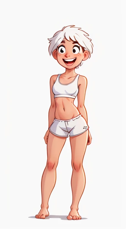 (rizdraws,p3r3zstyle,(white background),(pencil outline sketch),(low detail),(full body view),((small flat bust)),(average body),(female form),(white sports bra, white shorts),(no shoes, barefoot): 1.1), (standing front on) (laughing happy expression: 1.2)
