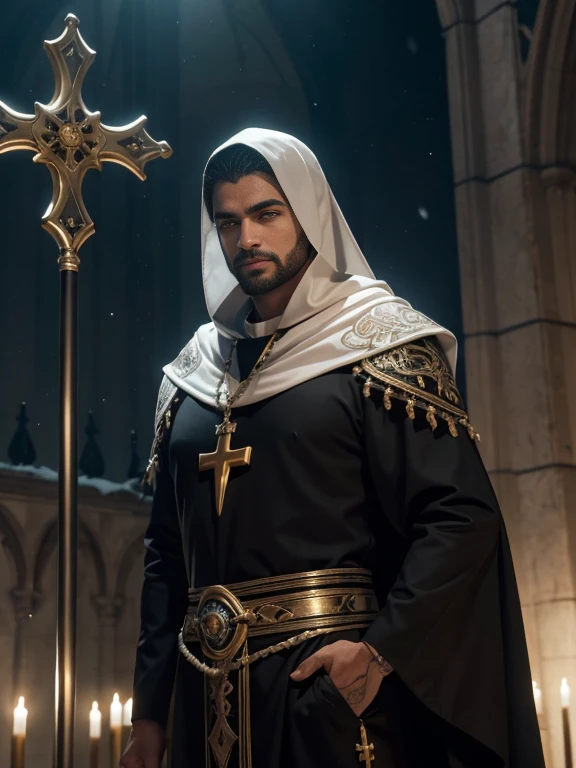 Photorealistic Production, Ultra Realistic Image of an Anthropomorphic Priest, Pelo branco brilhante cobrindo seu corpo, bright amber eyes, Olhar intimidador, (Cara de lobo sorridente, Mostrando seus dentes afiados), Vestindo uma roupa de sacerdote preto com ornamentado dourado, Holding a stick in the shape of a cross, dynamic pose, Snowy cathedral at night, lightning effects, Foto frontal luminescente do Particlerom), detalhes insanos, Detalhes intrincados da anatomia do lobo, intricate hand details, Cinematographic Filming and Lighting, cores vibrantes e realistas, obra de arte, sharp focus, ultra detalhado, Taken with DSLR camera, fotografia realista, profundidade de campo, Ambiente e cena incrivelmente realistas, Master in Composition and Cinematography