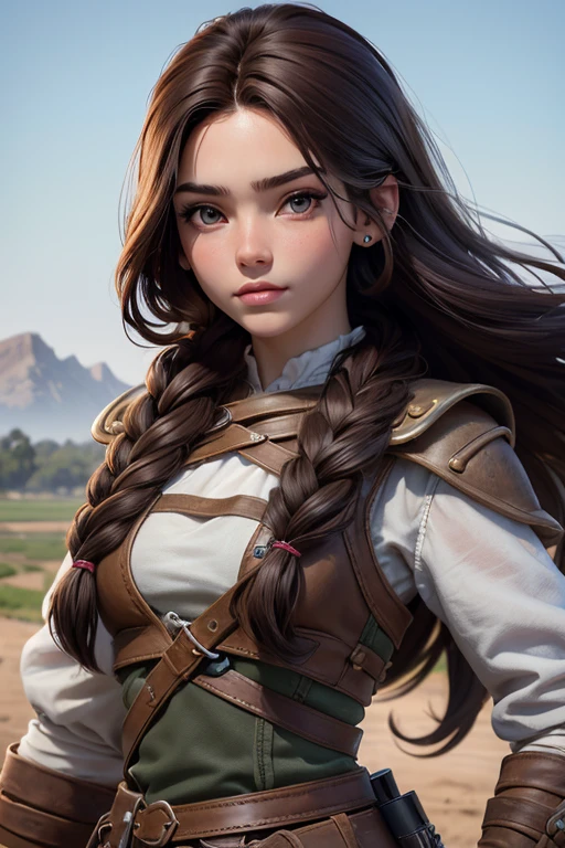 (Obra maestra, La mejor calidad) young 18 year old woman, Cabello largo, ojos azules, cabello rubio, brown hair, tenencia, boca cerrada, Parte superior del cuerpo, arma, trenza, al aire libre, tenencia arma, armadura vikinga, Profundidad de campo, realista.