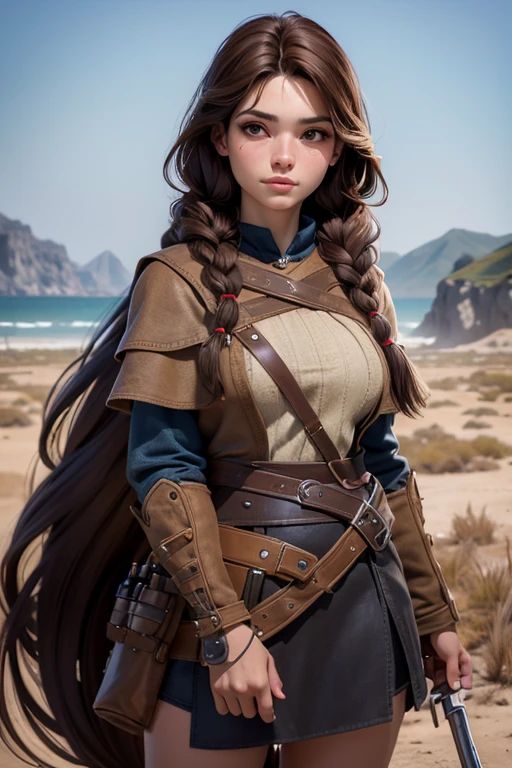 (Obra maestra, La mejor calidad) young 18 year old woman, Cabello largo, ojos azules, cabello rubio, brown hair, tenencia, boca cerrada, Parte superior del cuerpo, arma, trenza, al aire libre, tenencia arma, armadura vikinga, Profundidad de campo, realista.