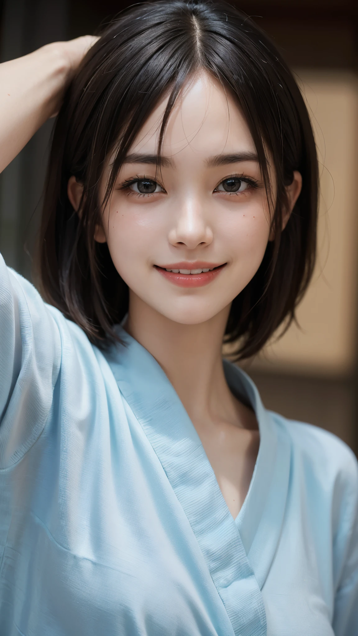 best quality, muste piece, ultra high resolution, (It&#39;s photorealistic:1.4), Raw photo, 1 girl, K deｰPOP idol, short hair, slender body,kendo、swordsman,kendo道場,A tenugui wrapped around the head.Detailed eyes,(realistic eyes),delicate face,realsK dein,detailed hair,Detailed sK dein,pretty face,((smiling))、((Laughter))、((You look happy, smile)),