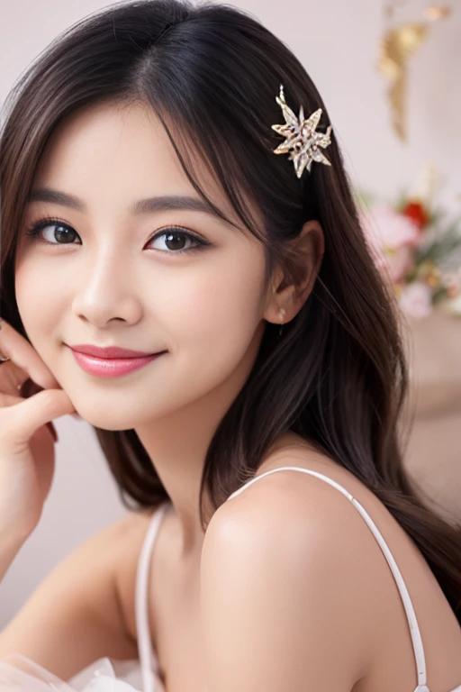 A beautiful woman with perfect eyes and nose、beautiful like a model、cute like a model、eyes are double、How to use regular mascara、eye color is blue、hair color is pink、her face is delicate and elegant.、Beautiful style like an 8K image model、normal big、A refreshing and lovely smile、pose like a model、whole portrait、snapshot style、Glamaloid Smile、Beautiful and delicate face like a model、highest quality、Masseter muscle part、cute smile、 elegant beauty、The season is winter、natural makeup、thin eye shadow、A little more bust up、New Year's greetings in New Year's costume'clothes、