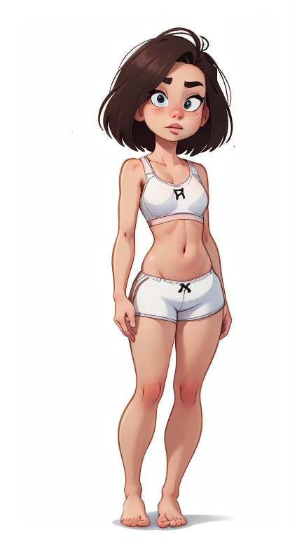 (rizdraws,p3r3zstyle,(white background),(pencil outline sketch),(low detail),(full body view),((small flat bust)),(average body),(female form),(white sports bra, white shorts),(no shoes, barefoot): 1.1), (standing front on) (eye roll expression: 1.2)