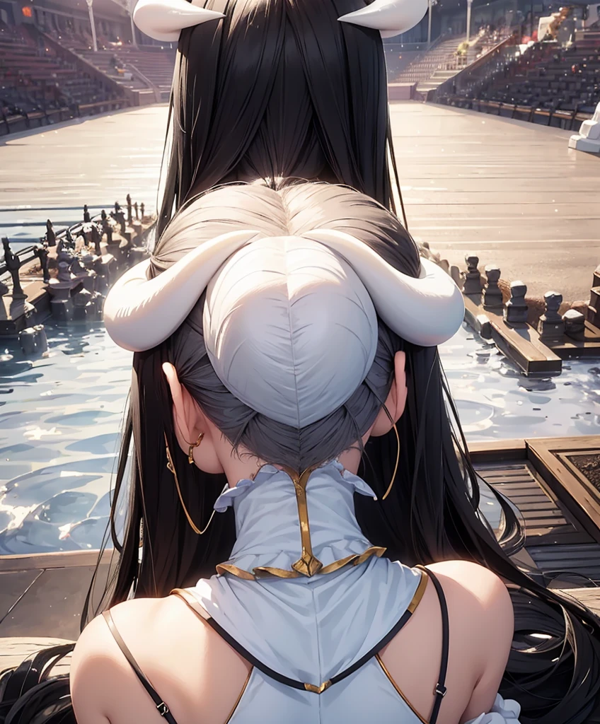 high resolution, sharp focus, pixiv masterpiece, ((intricate details)), highly detailed, 1 girl, short white dress blanco, short dress, white horns, albedo_overlord, black hair, view from behind, arena, mar, playa, muslos anchos