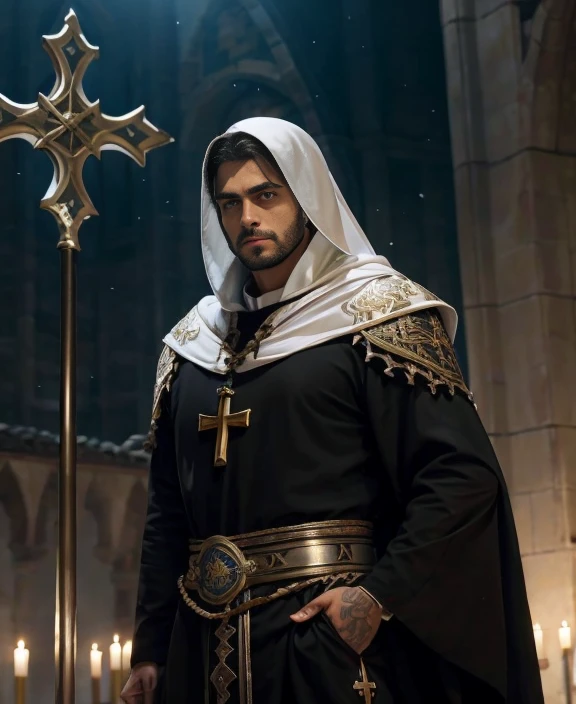 ruffled man in black robe and white robe standing in a church, picture of a male cleric, cleric, arsen lupin como paladino, dressed like a cleric, handsome prince of Persia, em vestes escuras com detalhes dourados, anor londo, wearing star fillemago robes, maya ali como d&mago